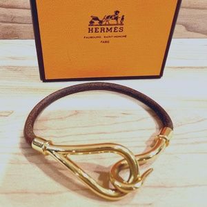 HERMES Logo Jumbo Hook Leather and Gold plate bracelet